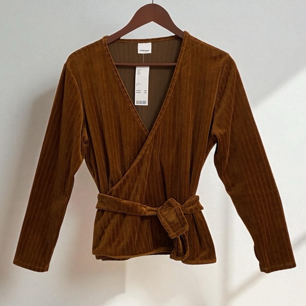 UO Rita Row Brown/Rust Wide Ribbed Wrap Top Sz S